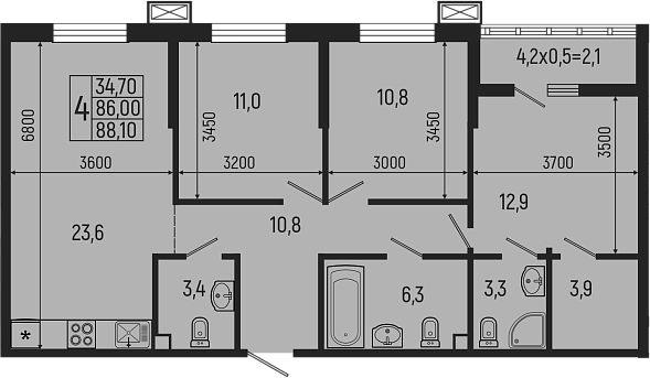 Планировка — Звезды, 4-комн., 86 м²