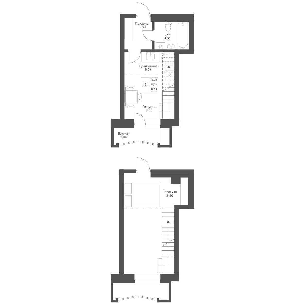 Планировка — Актив, 2-комн., 31 м²