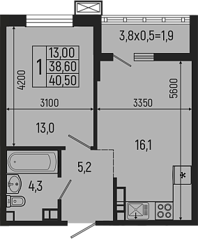 Планировка — Звезды, 2-комн., 39 м²
