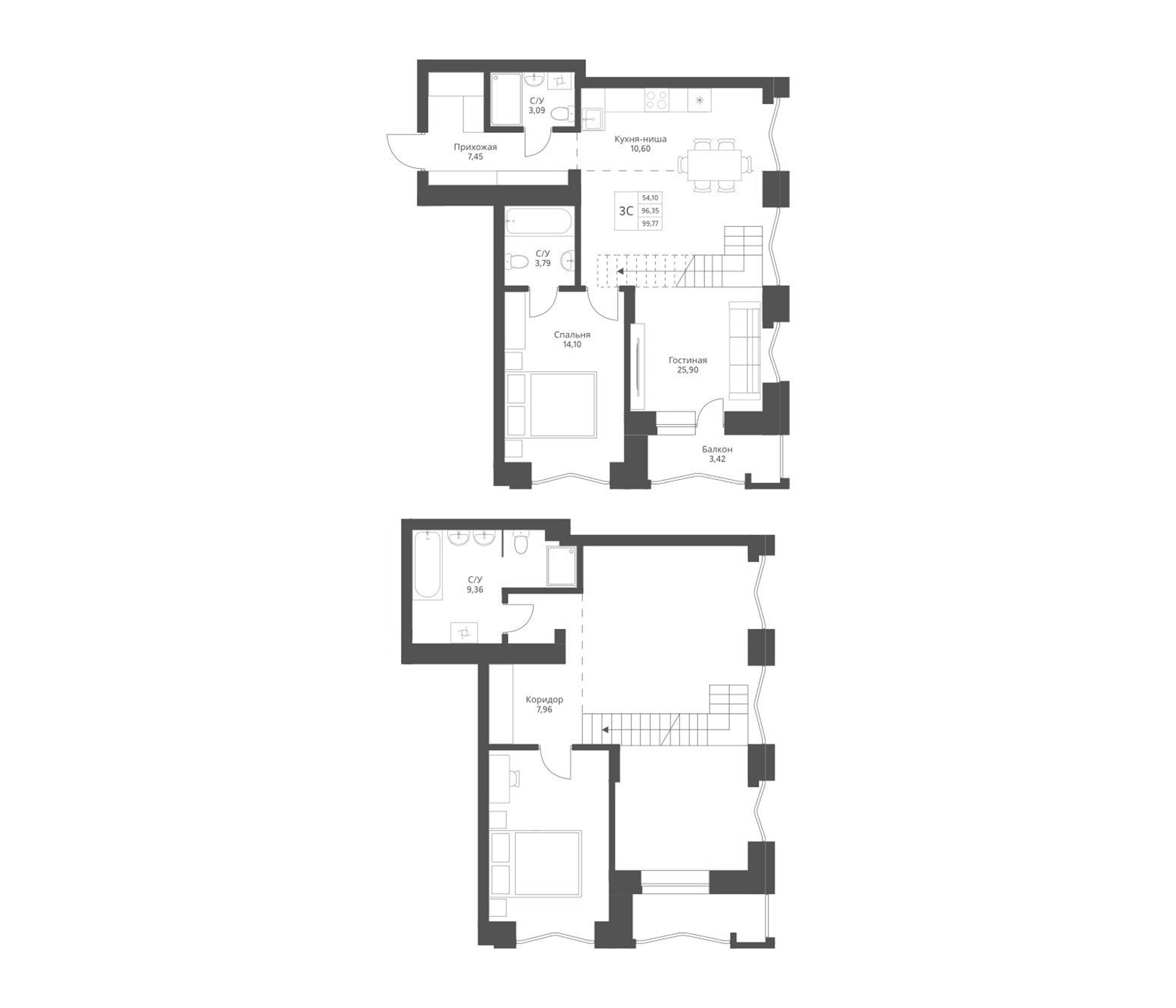 Планировка — Актив, 3-комн., 96 м²