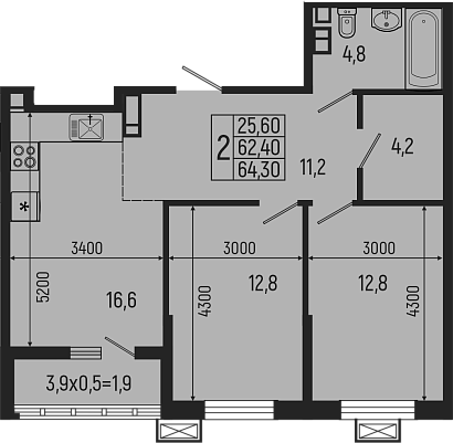 Планировка — Звезды, 3-комн., 62 м²