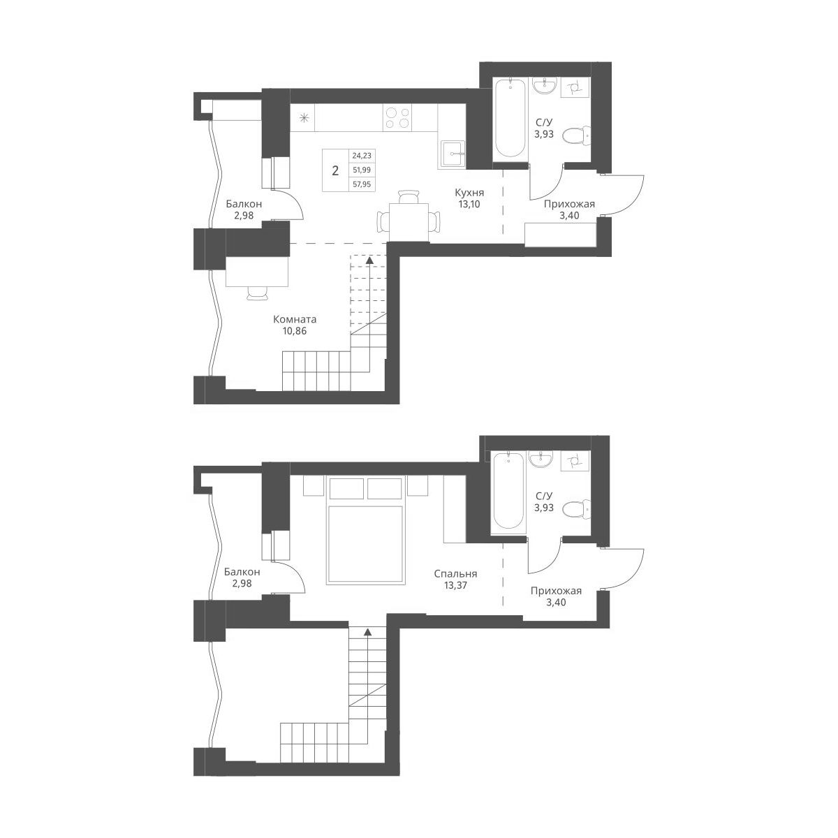 Планировка — Актив, 2-комн., 52 м²
