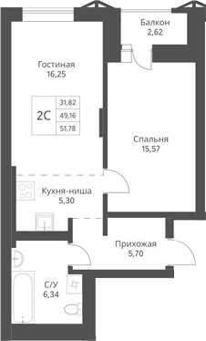 Планировка — Актив, 2-комн., 49 м²
