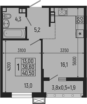Планировка — Звезды, 2-комн., 39 м²