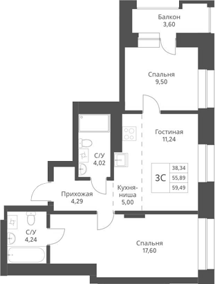 Планировка — Актив, 3-комн., 56 м²