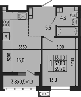 Планировка — Звезды, 2-комн., 38 м²