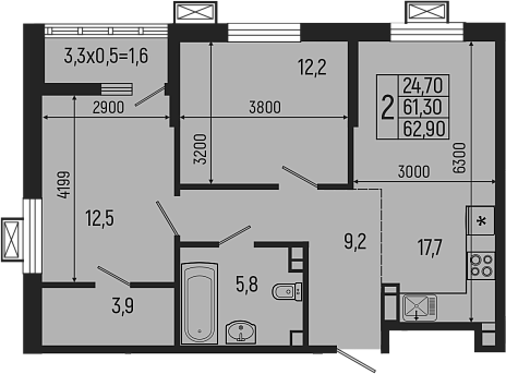 Планировка — Звезды, 3-комн., 61 м²
