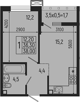Планировка — Звезды, 2-комн., 36 м²