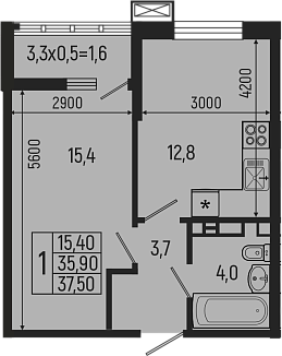 Планировка — Звезды, 1-комн., 36 м²