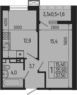 Планировка — Звезды, 1-комн., 36 м²