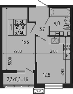 Планировка — Звезды, 1-комн., 36 м²