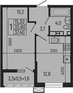 Планировка — Звезды, 1-комн., 36 м²