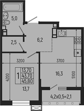 Планировка — Звезды, 2-комн., 44 м²
