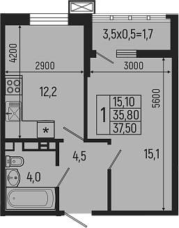 Планировка — Звезды, 1-комн., 36 м²