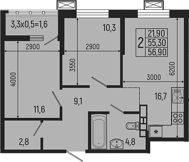 Планировка — Звезды, 3-комн., 55 м²