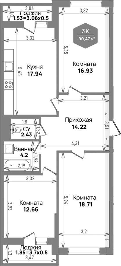 Планировка — Левада, 3-комн., 87 м²