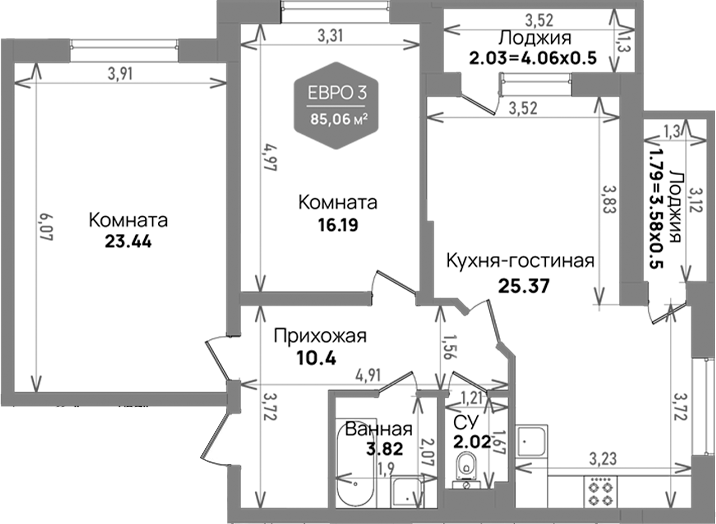 Планировка — Левада, 3-комн., 81 м²