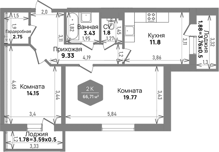 Планировка — Левада, 2-комн., 63 м²