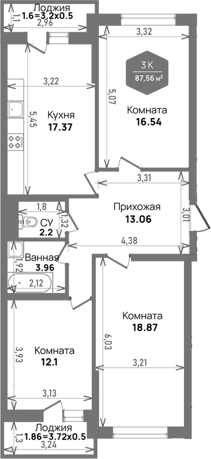 Планировка — Левада, 3-комн., 84 м²