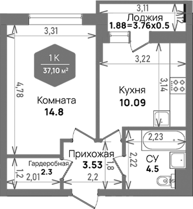 Планировка — Левада, 1-комн., 35 м²
