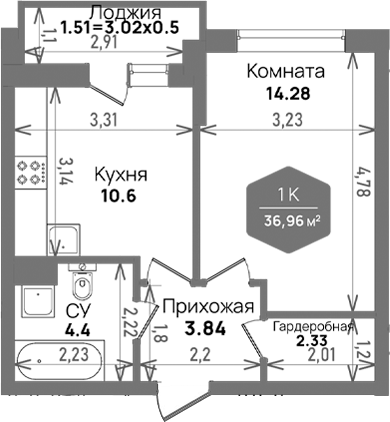 Планировка — Левада, 1-комн., 35 м²