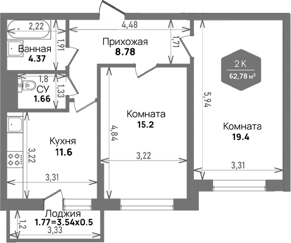 Планировка — Левада, 2-комн., 61 м²