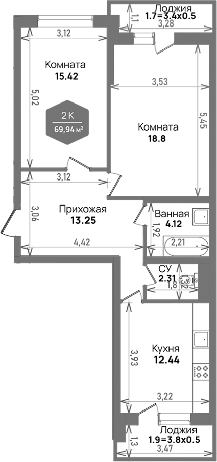 Планировка — Левада, 2-комн., 66 м²