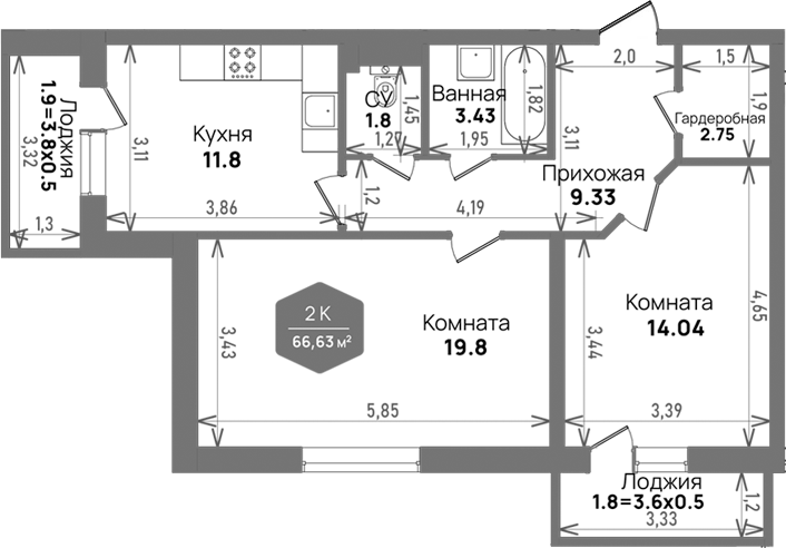 Планировка — Левада, 2-комн., 63 м²