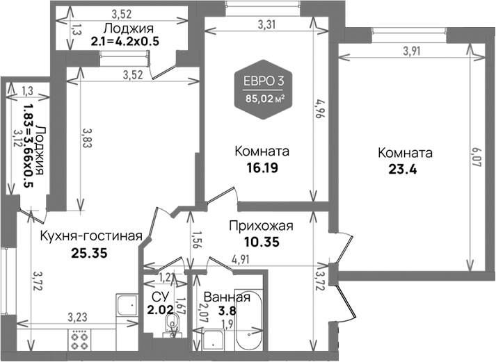 Планировка — Левада, 3-комн., 81 м²