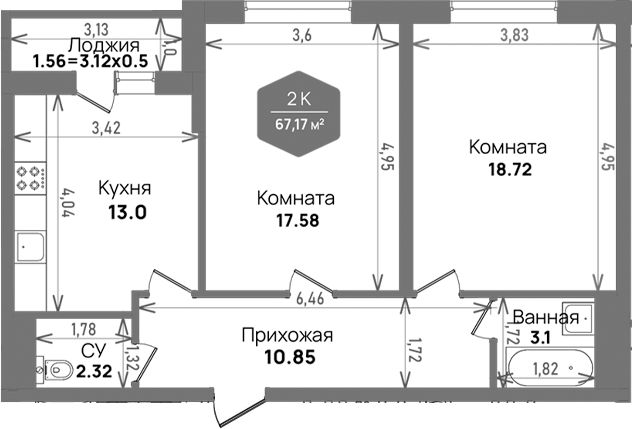 Планировка — Левада, 2-комн., 66 м²
