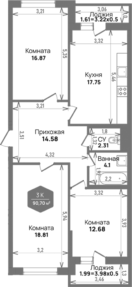 Планировка — Левада, 3-комн., 87 м²