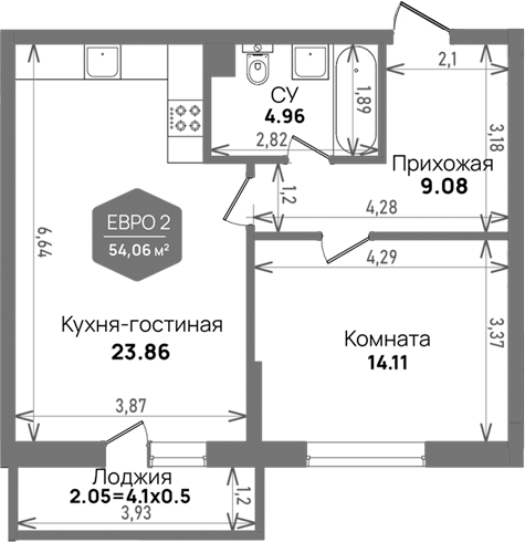Планировка — Левада, 2-комн., 52 м²