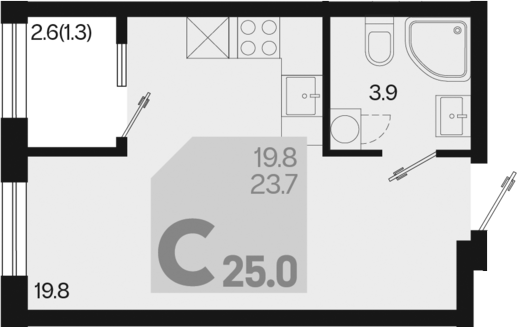 Планировка — Первое место, Студия, 24 м²
