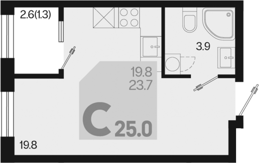 Планировка — Первое место, Студия, 24 м²