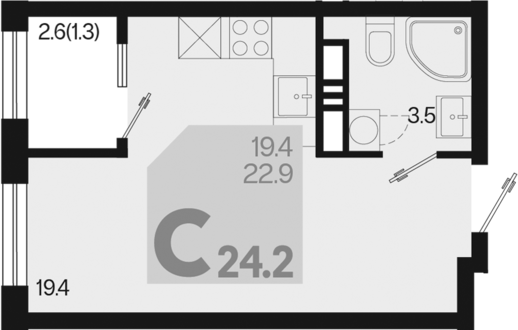 Планировка — Первое место, Студия, 23 м²