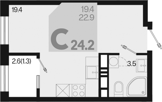 Планировка — Первое место, Студия, 23 м²