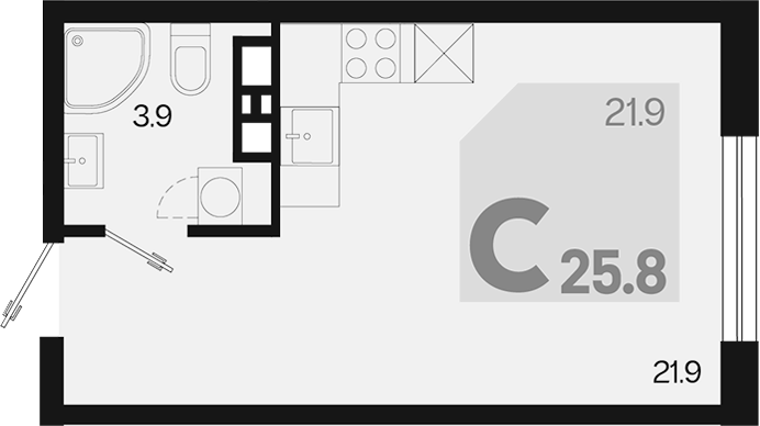 Планировка — Первое место, Студия, 26 м²
