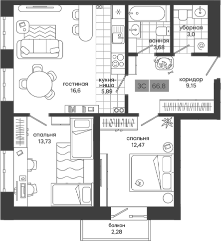 Планировка — Дом у леса Белкин, 3-комн., 65 м²