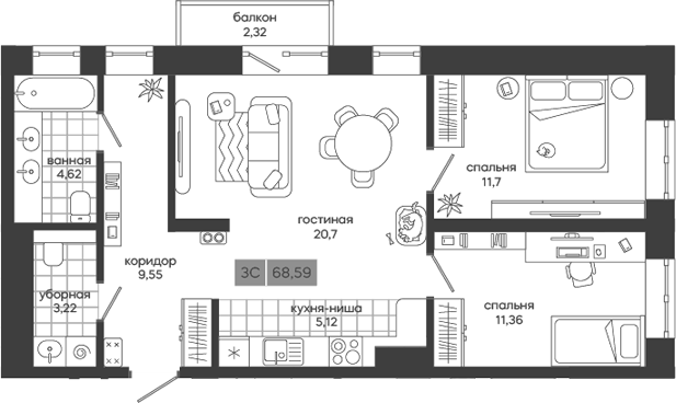 Планировка — Дом у леса Белкин, 3-комн., 66 м²