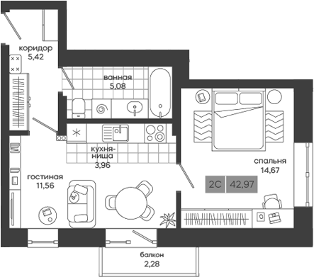Планировка — Дом у леса Белкин, 2-комн., 41 м²