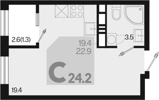 Планировка — Первое место, Студия, 23 м²