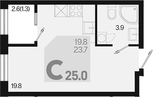 Планировка — Первое место, Студия, 24 м²