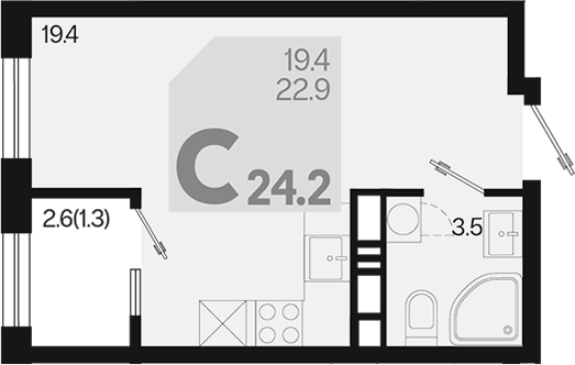 Планировка — Первое место, Студия, 23 м²