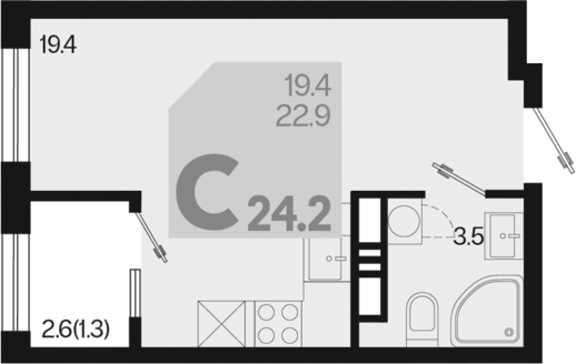 Планировка — Первое место, Студия, 23 м²