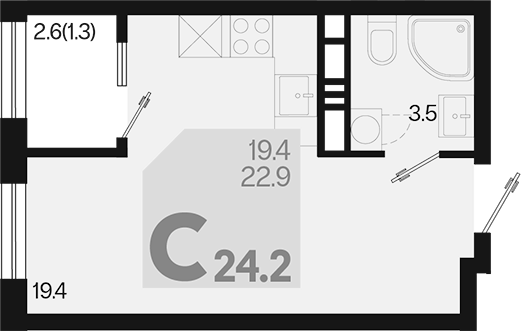 Планировка — Первое место, Студия, 23 м²