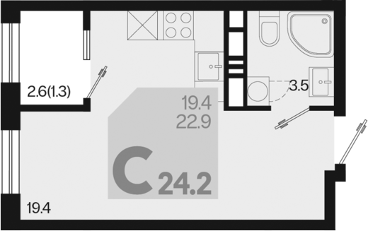 Планировка — Первое место, Студия, 23 м²