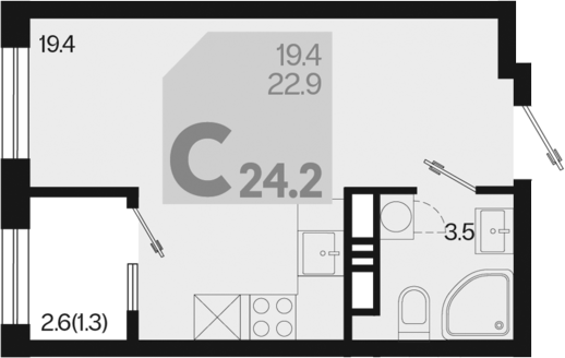 Планировка — Первое место, Студия, 23 м²