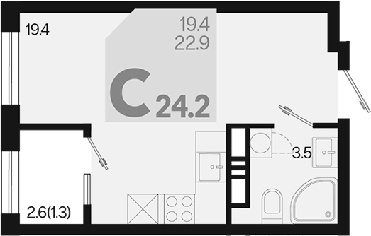 Планировка — Первое место, Студия, 23 м²