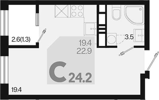 Планировка — Первое место, Студия, 23 м²