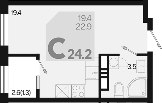 Планировка — Первое место, Студия, 23 м²